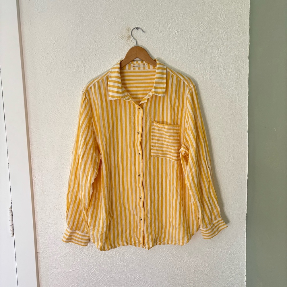 Marine Layer Abbey Linen Button Down Golden Yellow Stripe size XL